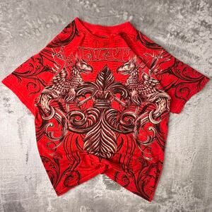 Y2K MMA Elite Salvation Red and Black AOP Affliction Style Graphic TShirt Size M